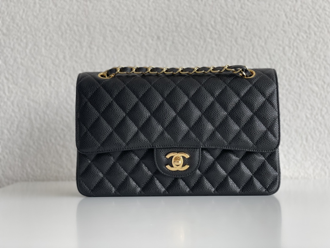 Chanel Medium Classic Double Flap Bag Black Quilted Caviar Gold Hardware